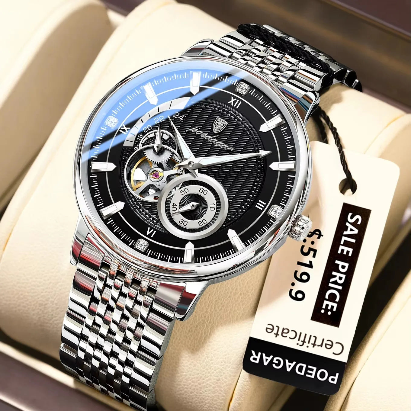 POEDAGAR 1416 Top Luxury Men Luminous Hollow Tourbillon Automatic Man Wristwatch Mechanical Stainless Steel Men's Watches Reloj