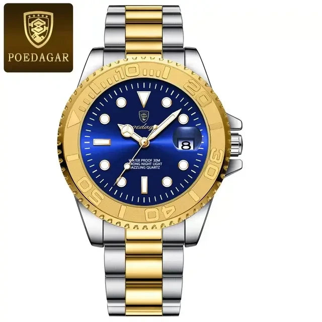 POEDAGAR Luxury Men Watch Business Quartz Watches Sports Waterproof Luminous Date Stainless Steel Men's Watches