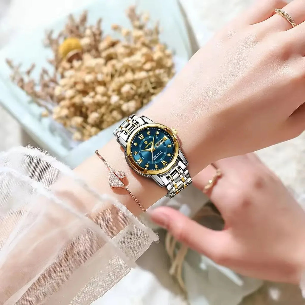 POEDAGAR Women Wristwatch 769 Luxury Diamond Quartz Ladies Watch Waterproof Stainless Steel Luminous Date Week Women's Watches