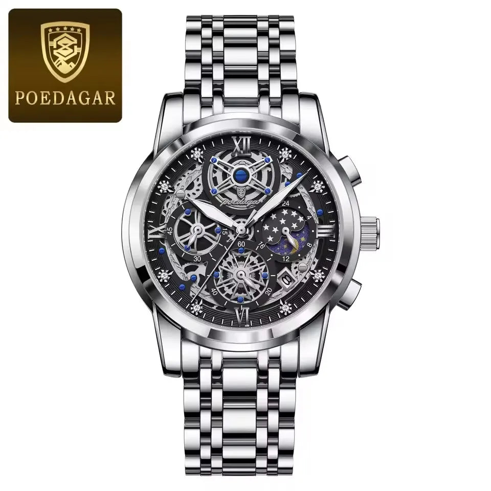 POEDAGAR 984 Luxury Fashion Watch Men Waterproof Luminous Auto Date Chronograph Japan Quartz Stainless Steel Strap Men's Watches