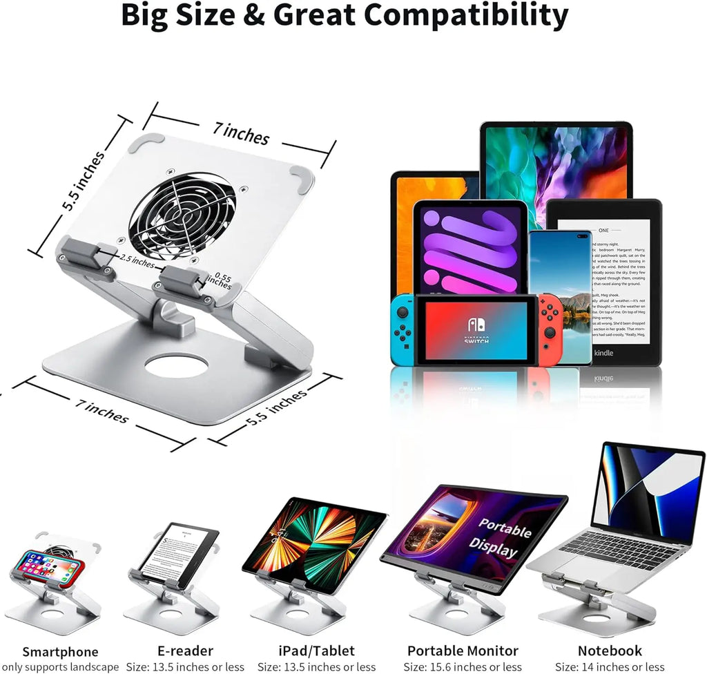 Metal Adjustable Laptop Stand 360 Degree Rotating Laptop Cooling Stand Foldable Laptop Riser Stand with Double Fans
