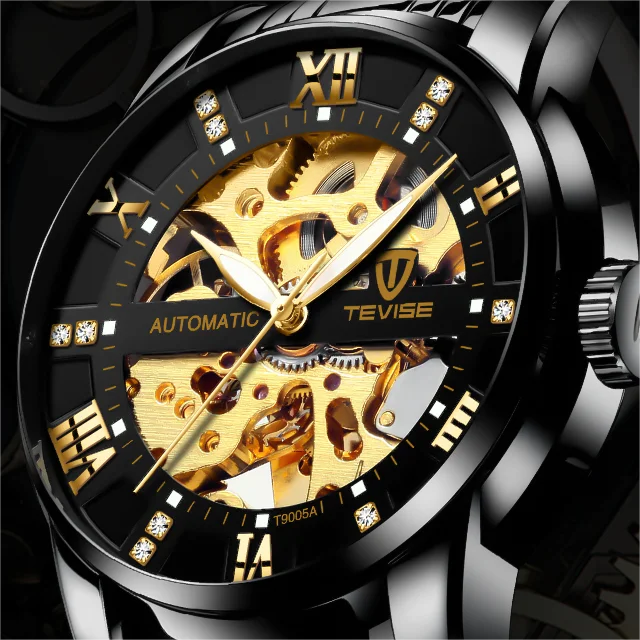 TEVISE T9005A 9005A Luminous Hands Automatic Wristwatches Waterproof Mechanical Hollow Out Stainless Steel Men's Watches for Men