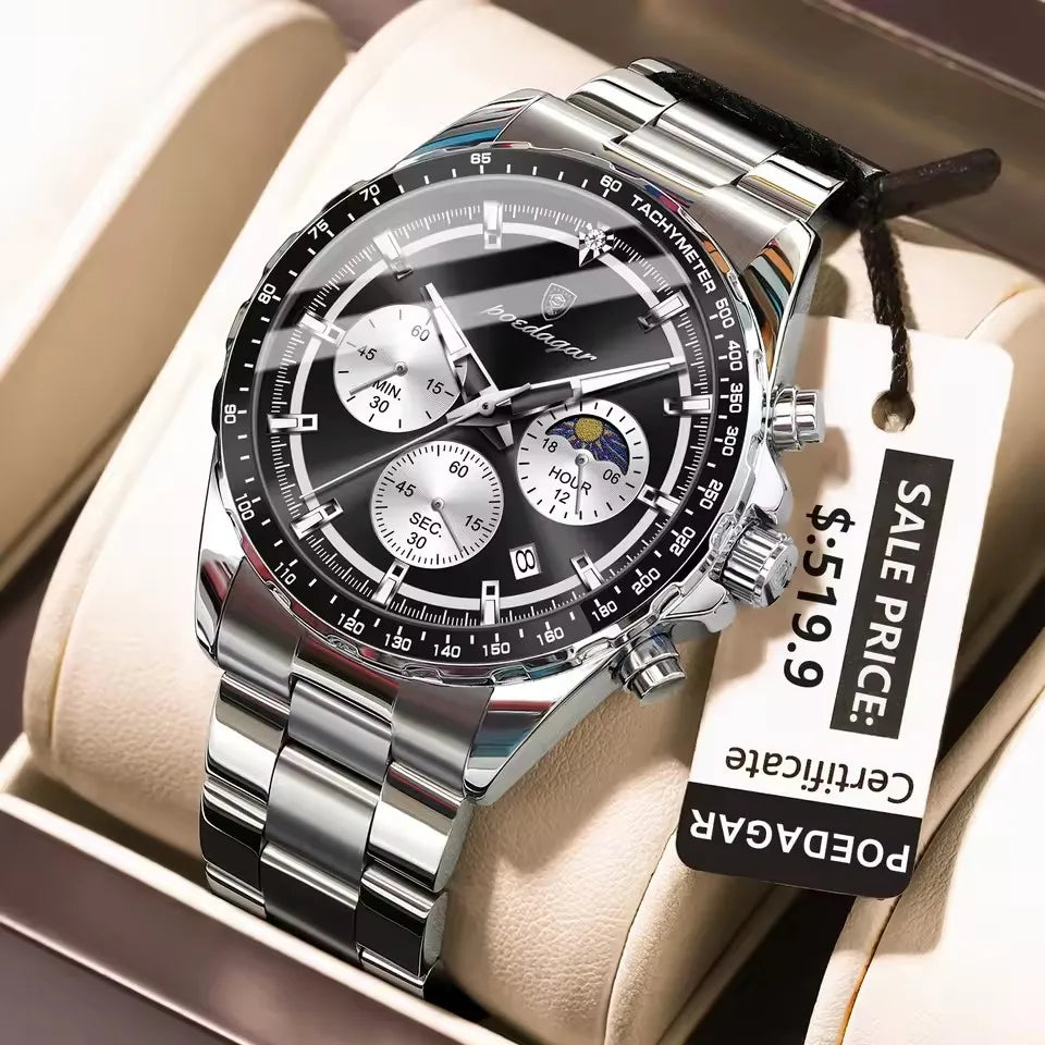 POEDAGAR 879 Luminous Chronograph Date Reloj Watch Original Men Clock Sports Waterproof Man Stainless Steel Quartz Men's Watches