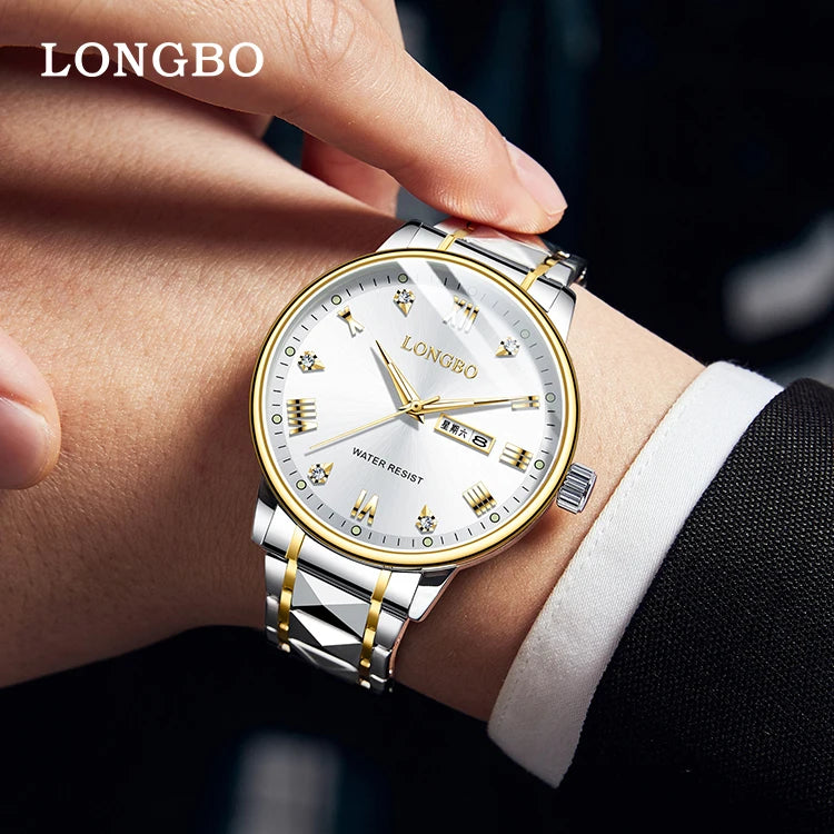 LONGBO 83702 New Arrival Quartz Men Watch Fashion Classic Stainless Steel Diamond Dial Gold Belt Dual Calendar for Men's Watches