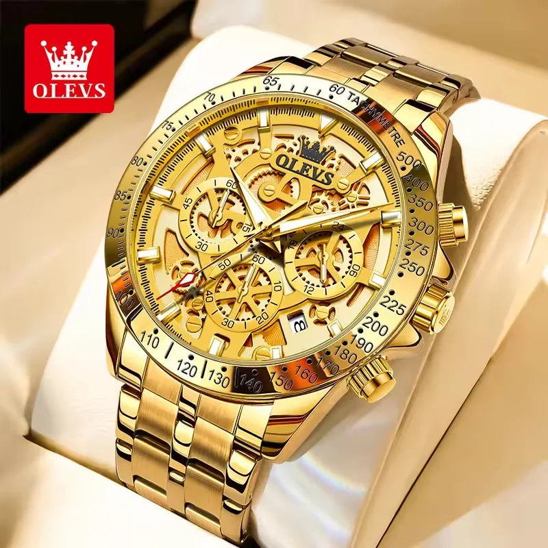 OLEVS Men's Watches Stainless Steel Quartz Watch for Men Waterproof Luminous Chronograph Calendar Men's Wristwatch Gold White