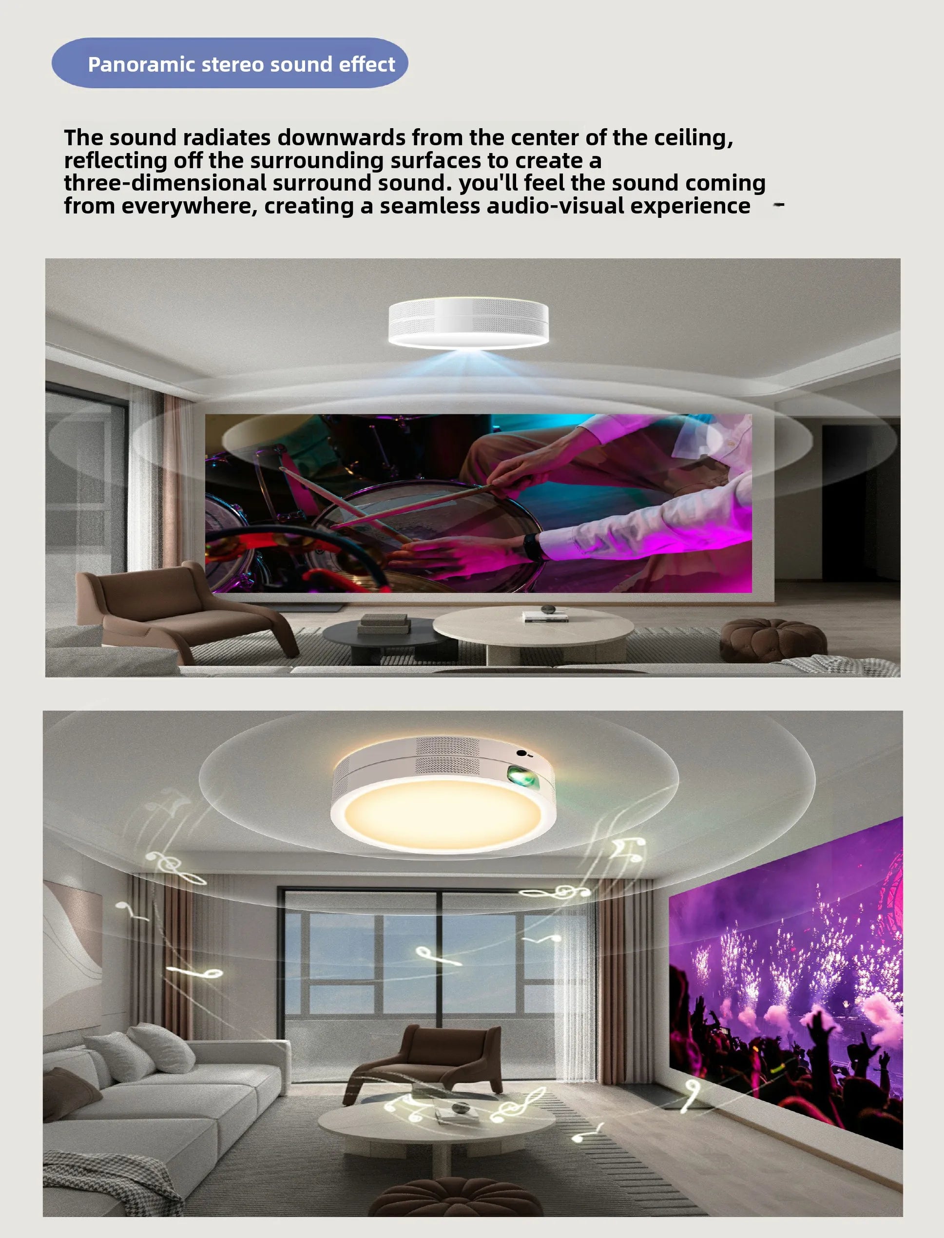 Yinzam TG10 Smart Home Ceiling LED Projector, Short Throw 25W 3 Color LED Lamp 1000 ANSI Lumens Projector for Bed Room Beamer