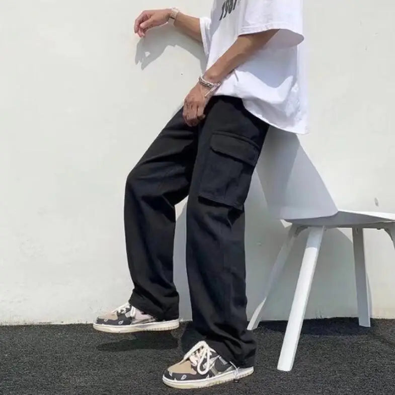 ANSZKTN Cargo Pants Men's Casual Pants Summer High Street Loose Retro Black Drawstring Tie Foot Pants