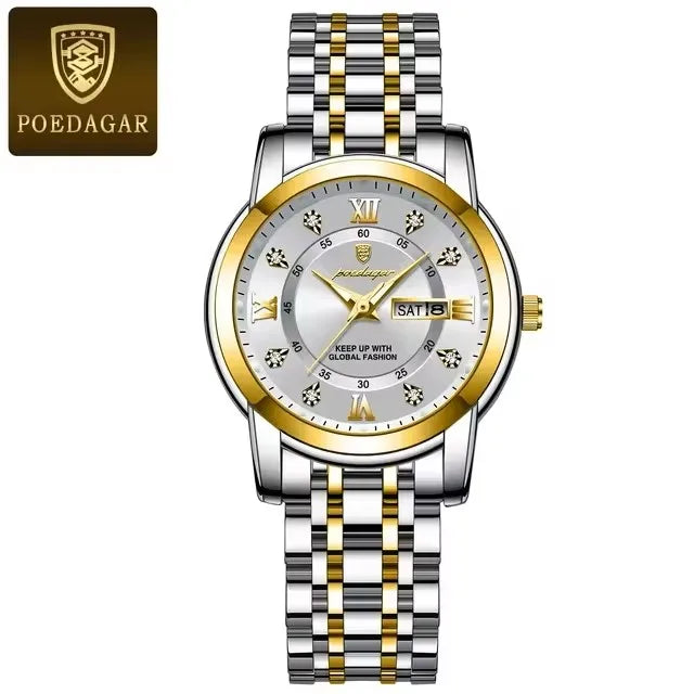 POEDAGAR Women Wristwatch 769 Luxury Diamond Quartz Ladies Watch Waterproof Stainless Steel Luminous Date Week Women's Watches