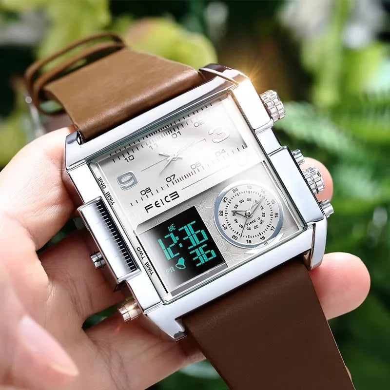 FELCE FK030 New Wristwatch Business Digital LED Leather Men's Watches Men Big Square Dial Analog Quartz 30M Waterproof Watches