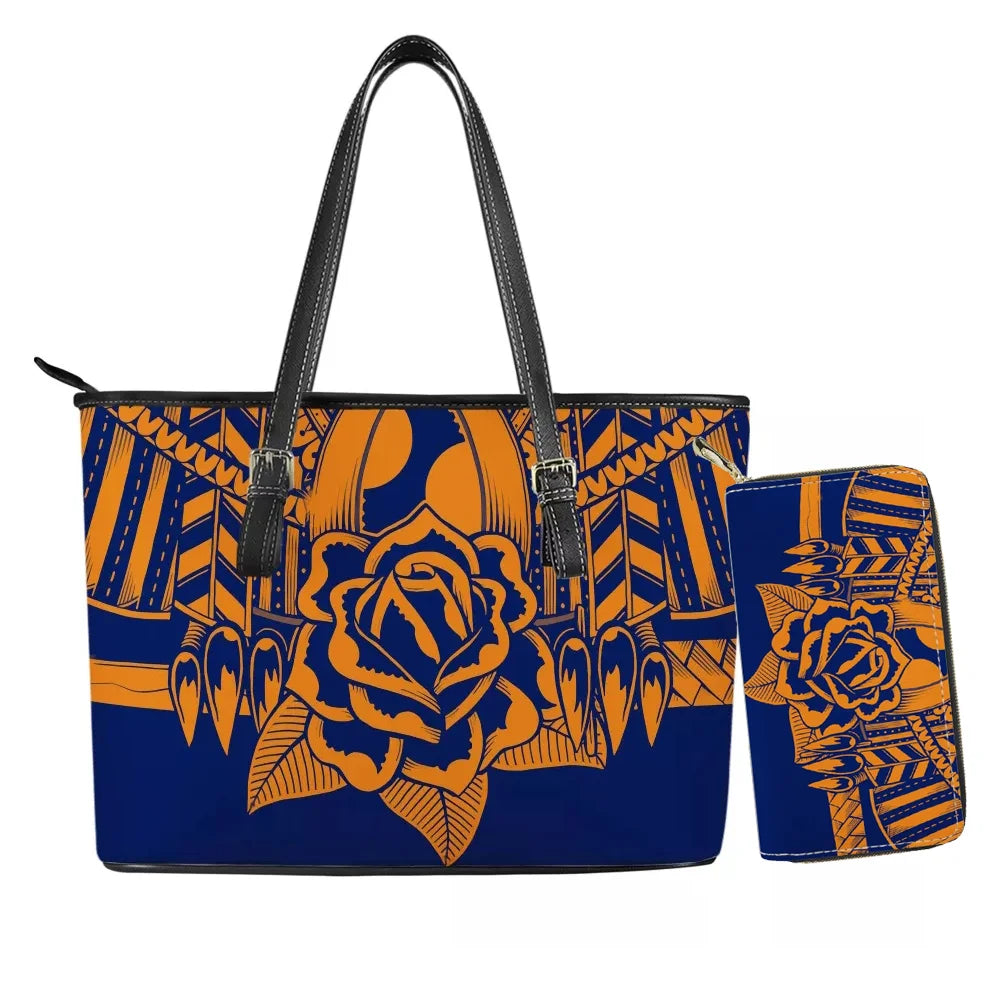 Hawaiian Flower Polynesian Design Print Women Handbags and Purses Set Customized Large Leather Tote Matching Long Zipper Wallet