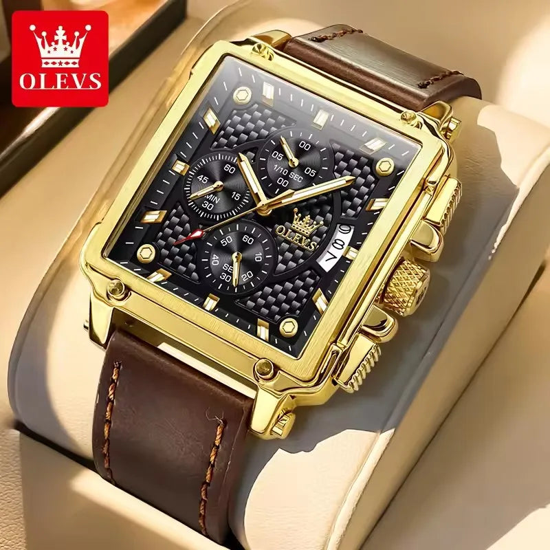OLEVS Men's Watches 9925 Gold Black Square Quartz Watch Men Classic Leather Strap Fashion Waterproof Chronograph Wristwatch
