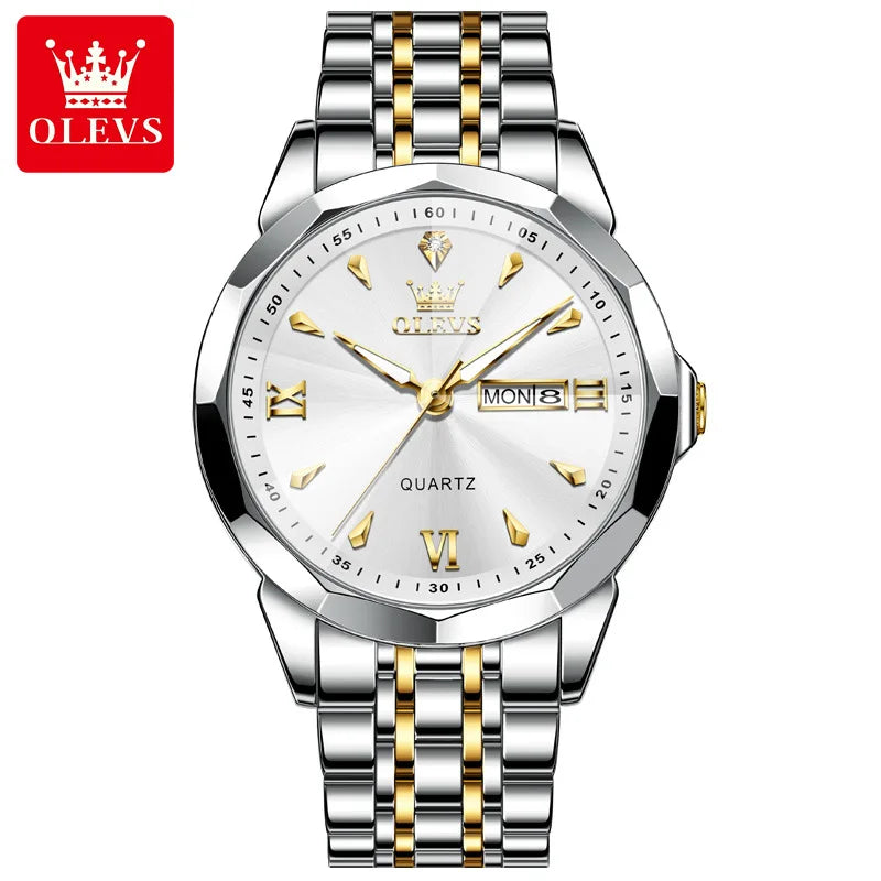 OLEVS 9998 Luxury Male Dual Calendar Luminous Wristwatch Fashion Original Men's Watches Waterproof Stainless Steel Quartz Watch