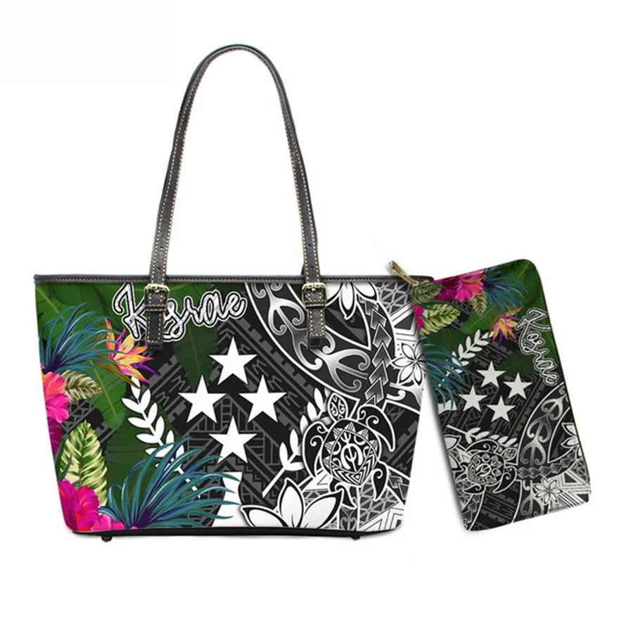 Hawaiian Flower Polynesian Design Print Women Handbags and Purses Set Customized Large Leather Tote Matching Long Zipper Wallet