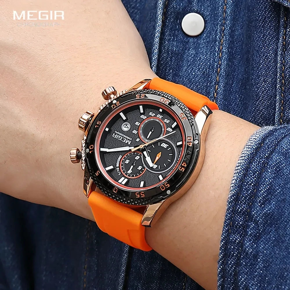 MEGIR 2211 Quartz Watches Silicone Strap Material Men's Watches Watch for Men Luminous Chronograph 30M Daily Waterproof Sports