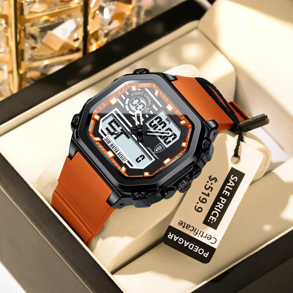 POEDAGAR 993 Luminous Week Date Square Wristwatch Sports LED Men Watch Waterproof Silicone Strap Electronic Quartz Men's Watches