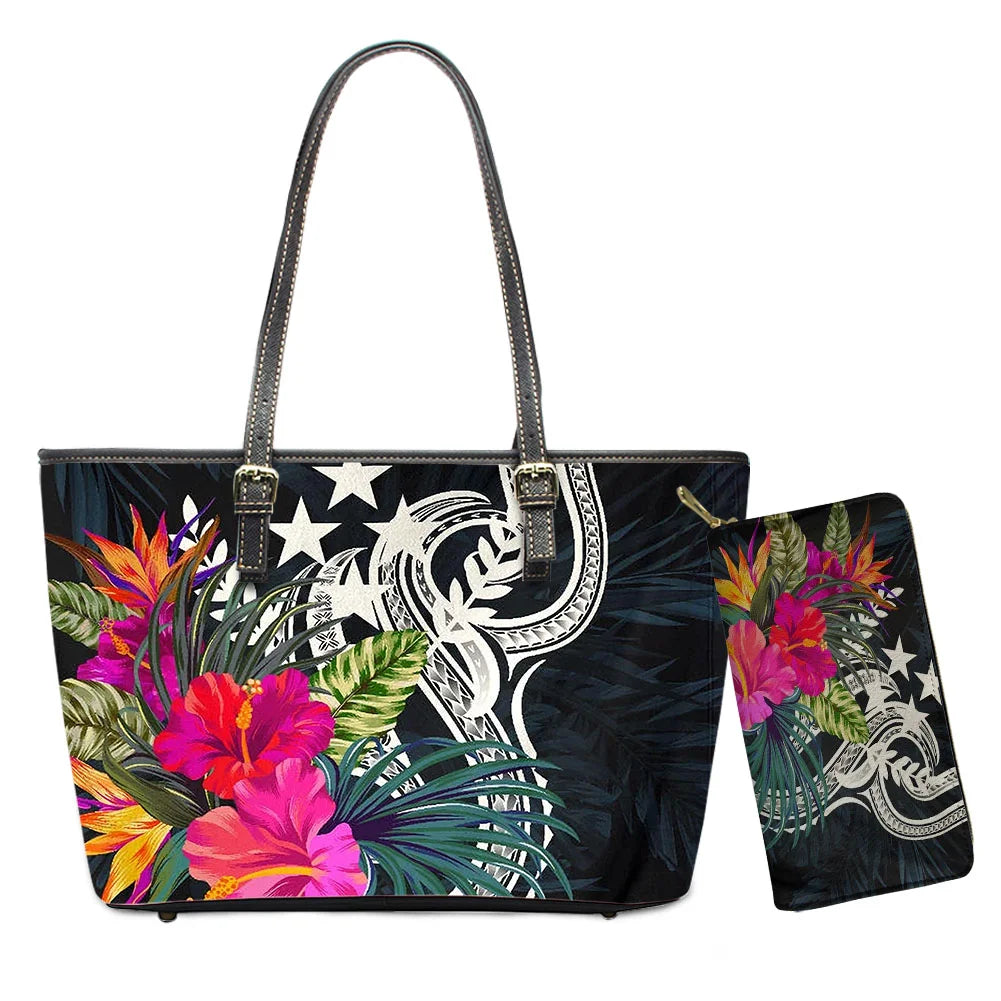 Hawaiian Flower Polynesian Design Print Women Handbags and Purses Set Customized Large Leather Tote Matching Long Zipper Wallet