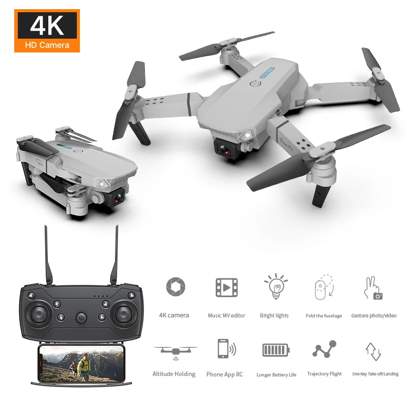 E88 4k UHD Mini Flying Camera WiFi GPS Real-time Transmission FPV Follow Me Rc Remote Controller Quadcopter Kids Drone