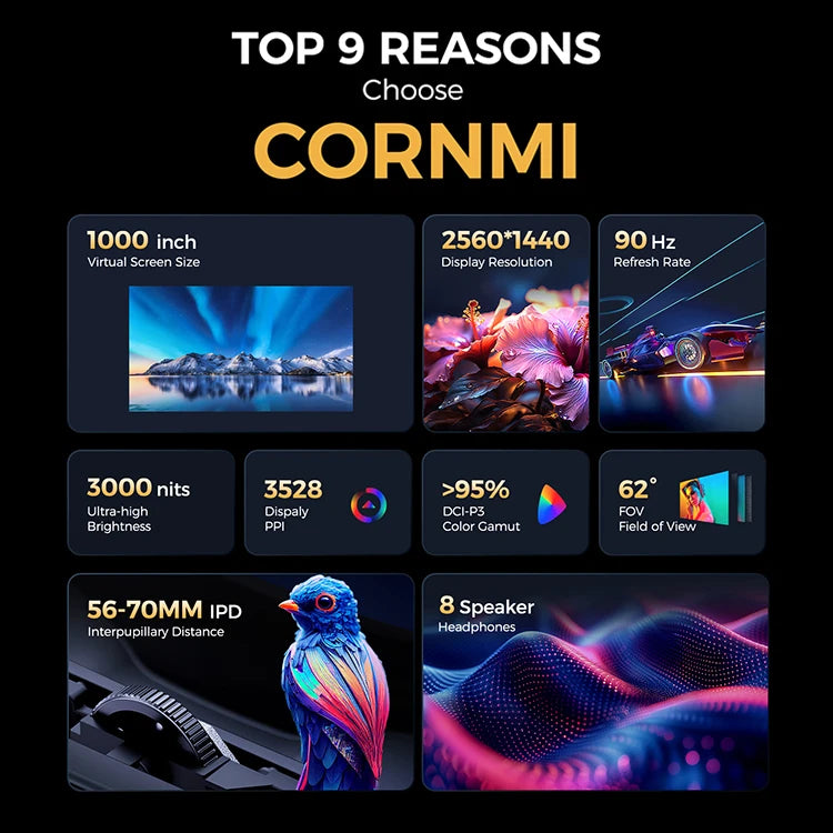 CORNMI Immersive 3D MR Hardware Virtual Reality Smart Glasses for Private Cinema & Gaming Head Mounted Display Stock Available