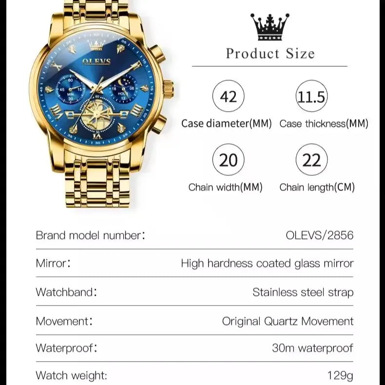 OLEVS 2856 Men's Watches Classic Multifunctional Flywheel Design Stainless Steel Waterproof Moon Phase Men's Wristwatches Trend