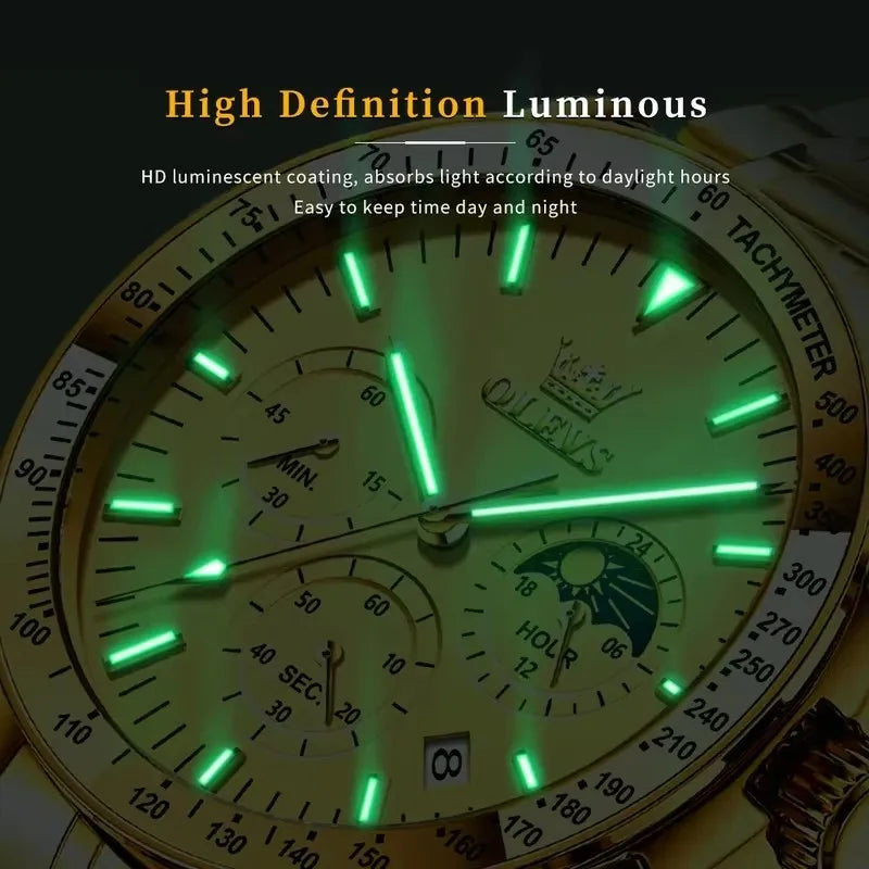 OLEVS Watch for Men 3618 Quartz Stainless Steel Waterproof Moon Phase Chronograph Man Wrist Watch Calendar Men's Watches Montre
