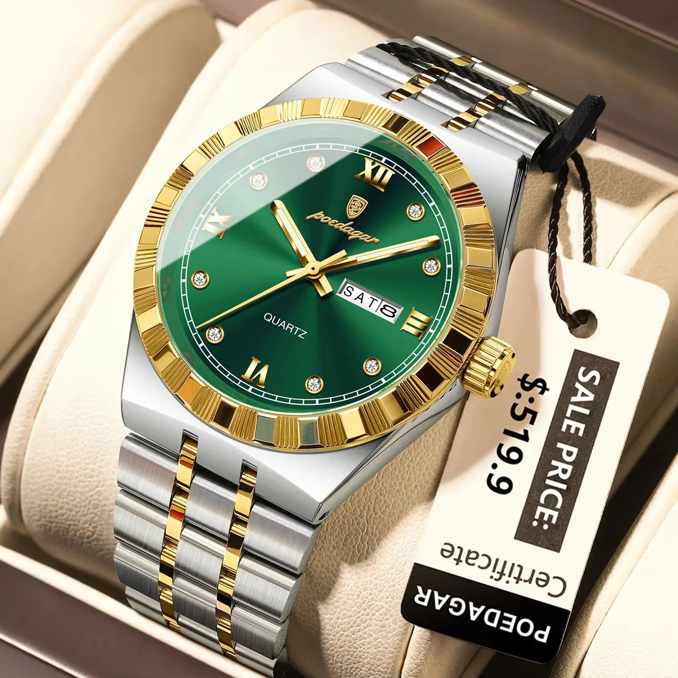 POEDAGAR 872 Week Date Watch Men Life Waterproof Original Diamond Wristwatch Quartz Reloj Luminous Stainless Steel Men's Watches