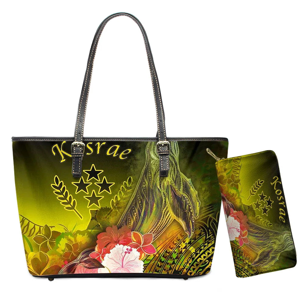 Hawaiian Flower Polynesian Design Print Women Handbags and Purses Set Customized Large Leather Tote Matching Long Zipper Wallet