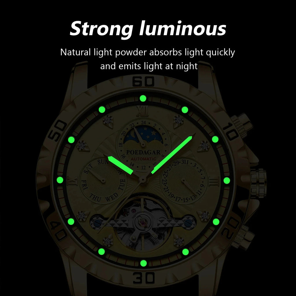 POEDAGAR Luxury Automatic Mechanical Men Watch Tourbillon Waterproof Luminous Date Week Wristwatch Stainless Steel Men's Watches