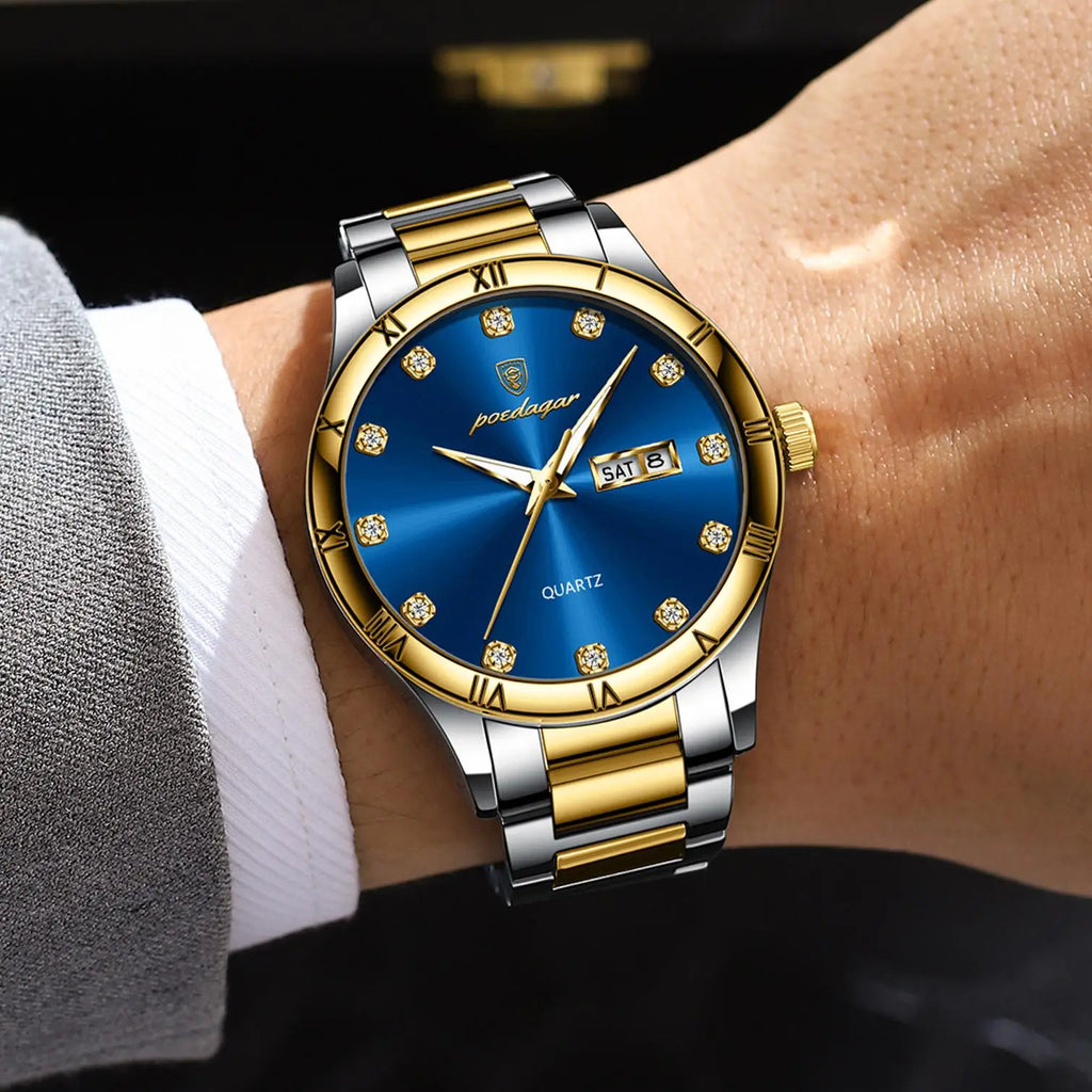 POEDAGAR 878 Top Luxury Watch Man Date Week Waterproof Luminous Man Wristwatch Quartz Stainless Steel Men's Watches Sports Reloj