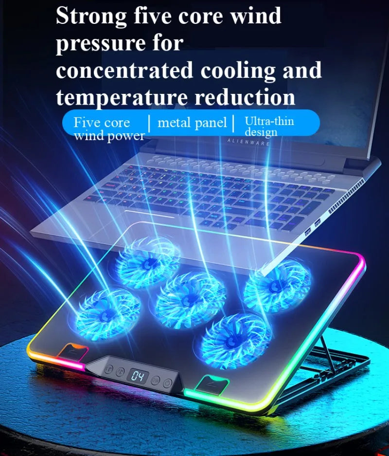 Adjustable Height Surrounding RGB Colorful Lighting Gaming Laptop Cooling Pad 5 Cooler Fans with Strong Wind