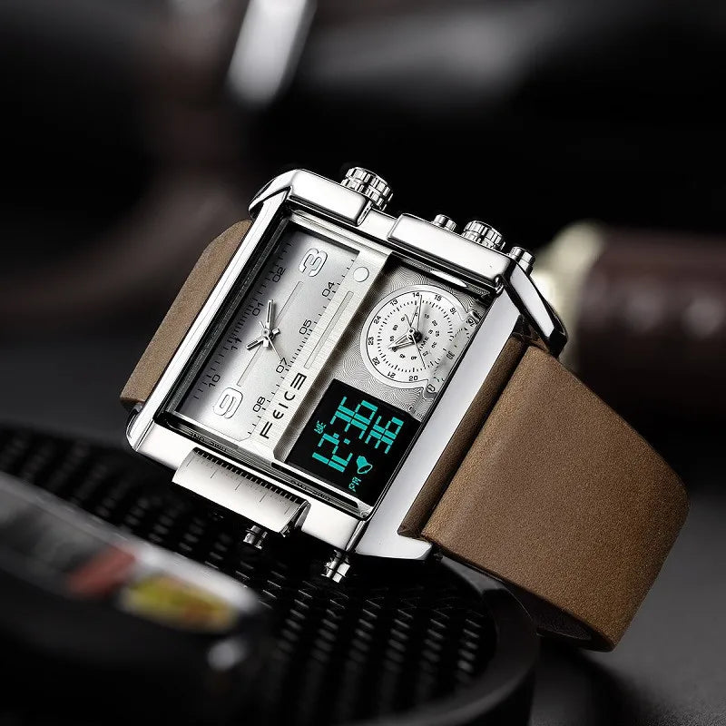 FELCE FK030 Analog Quartz Watches Big Square Dial Digital LED Waterproof Wristwatch Business Leather Strap Men's Watches for Men