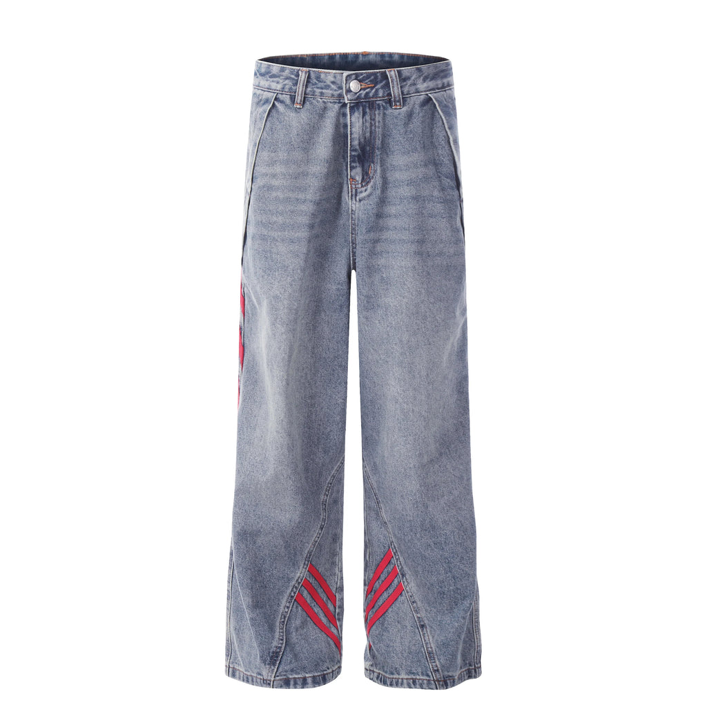 Men Striped Cargo Blue Jeans Men's  Fashion Loose Designer Straight Leg Casual Pants Stone Wash Wide-leg Jeans for Men