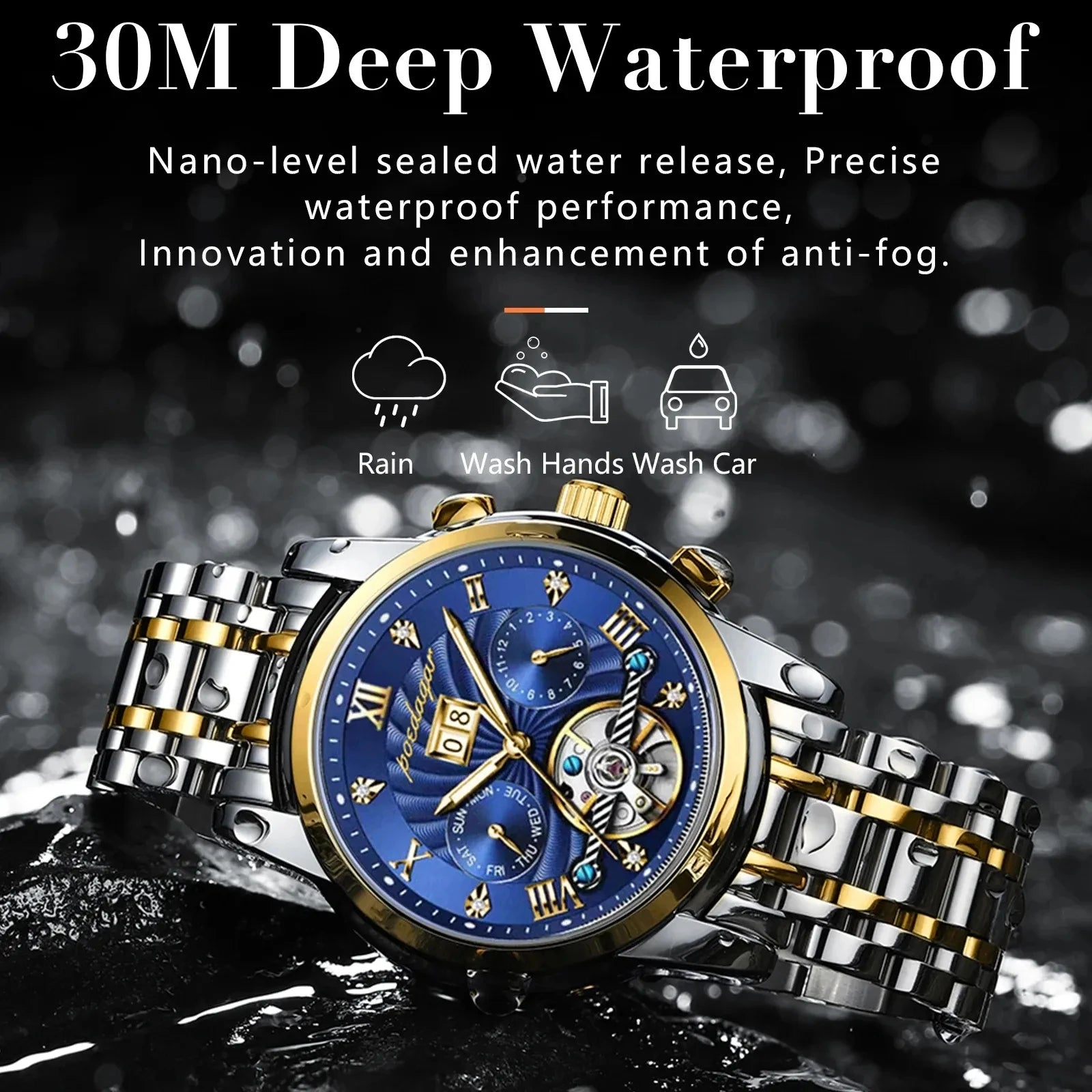 POEDAGAR 1408 Mechanical Men Wrist Watch Waterproof Luxury Hollow Tourbillon Automatic Date Stainless Steel Belt Men's Watches