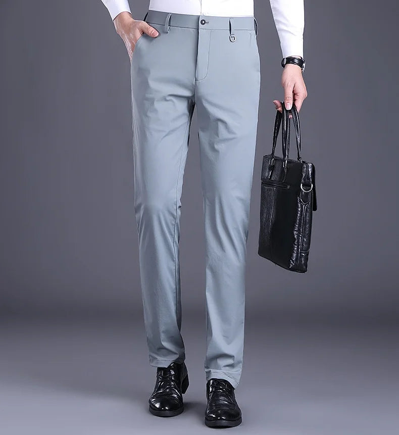 2024 Men Business Suit Pants Embroidery Ice Silk Formal Office Suit Long Trousers Stretch Slim Straight Solid Color Casual Pants