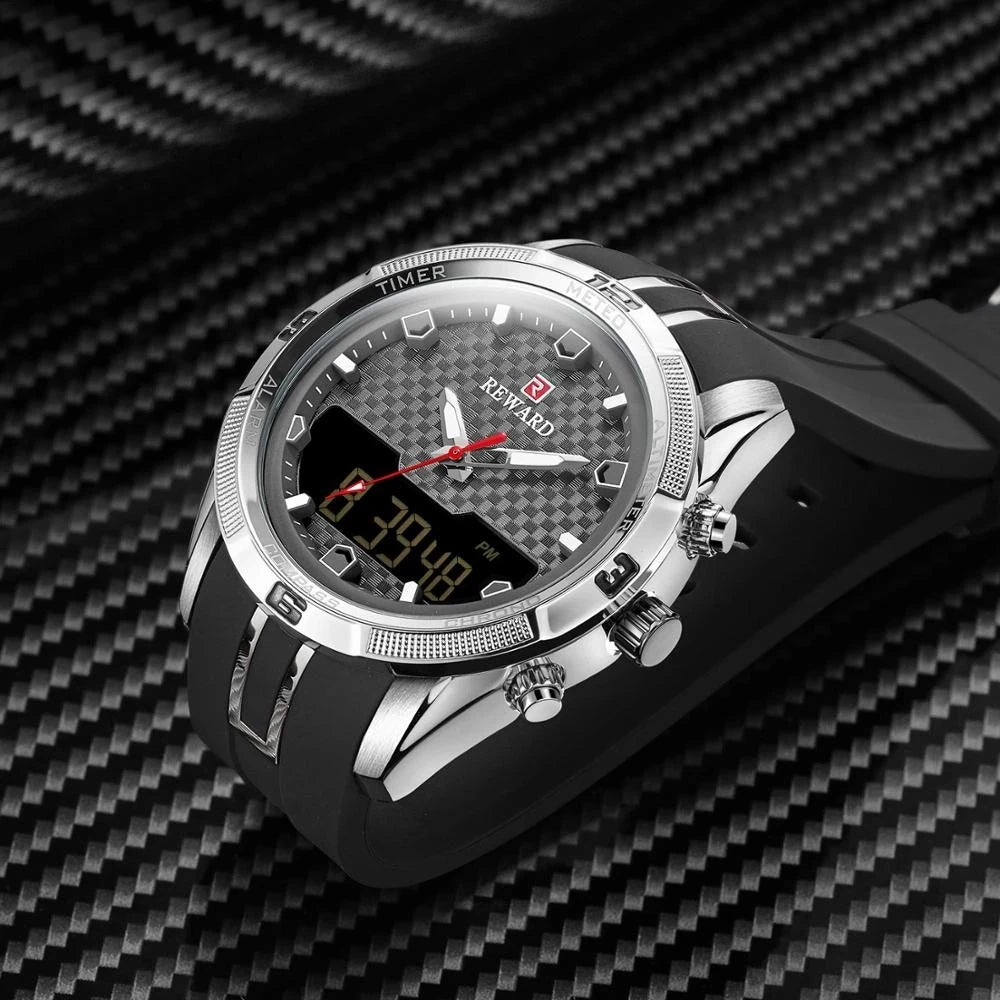 REWARD Men's Watches Silicone Double Movement Digital Electronic Watch Men Sports Waterproof LED Quartz Watch Relogio Masculino
