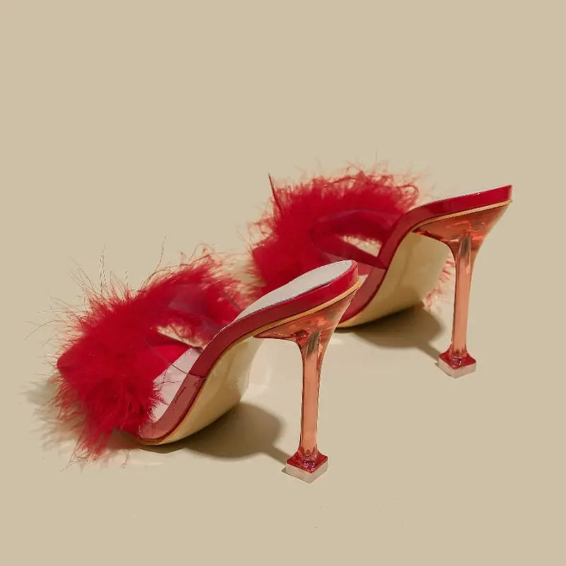 Feather Fur New Fashion Summer Spring Cute  Mules Lady  Sandals Slippers Elegant 2025 Heels for Women