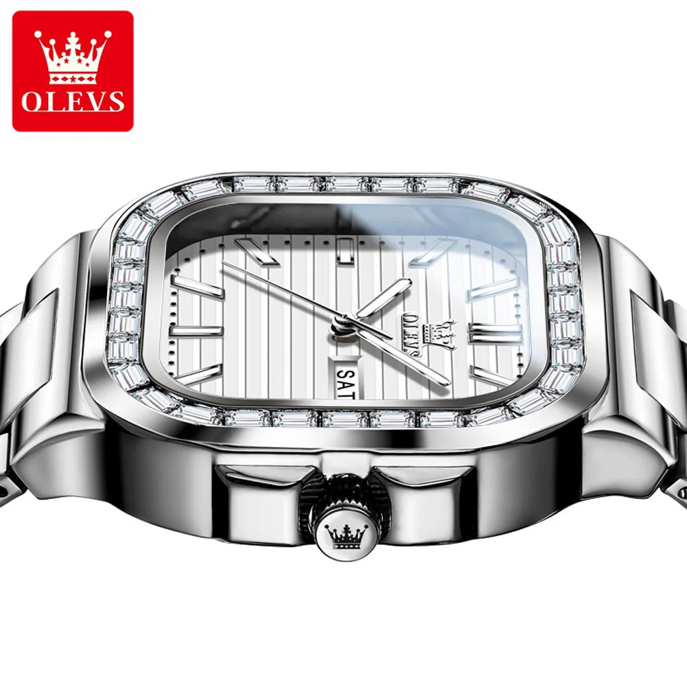 OLEVS 9966 Men's Watches Square Shape Stainless Steel Strap Diamond Calendar Dial Elegant Luxury Wristwatch for Men