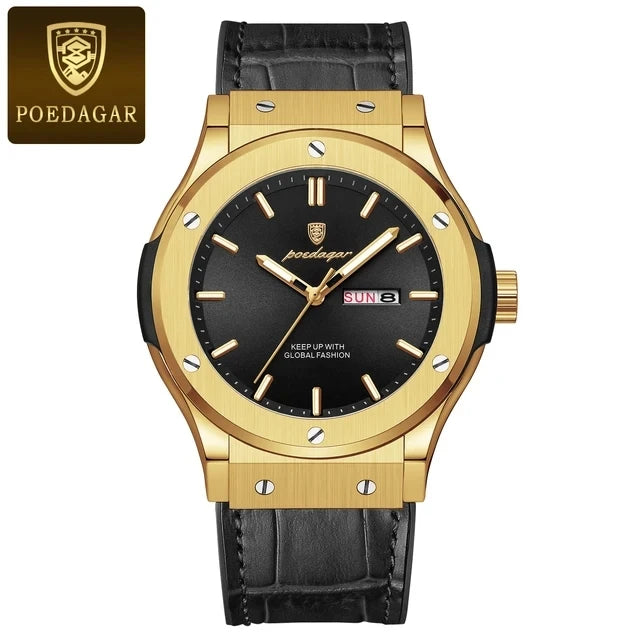 POEDAGAR Fashion Men's Watches Trend Classic Classic Quartz Watch for Man Waterproof Luminous Week Date Wristwatch Leather 952
