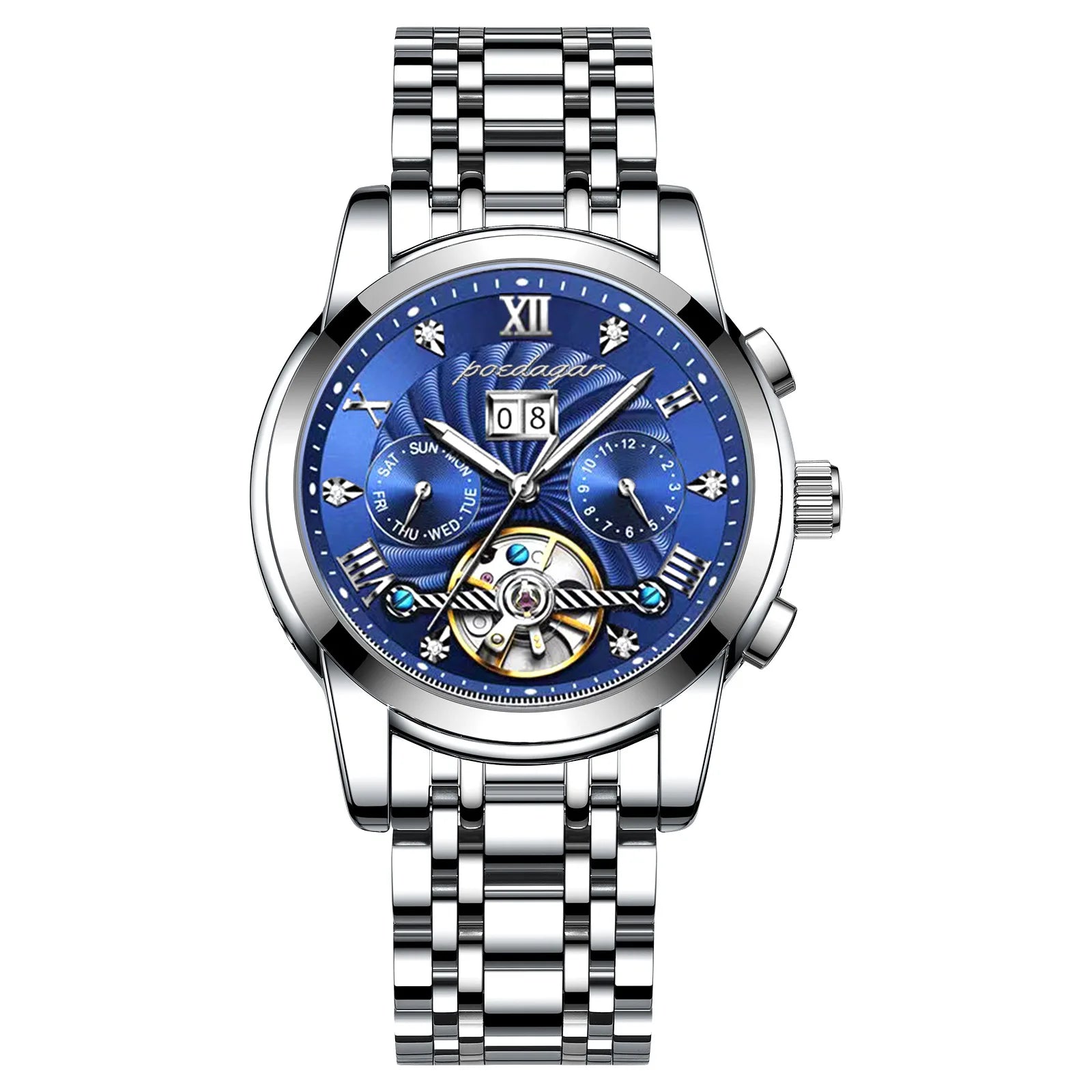 POEDAGAR 1408 Waterproof Date Stainless Steel Belt Men's Watches Luxury Hollow Tourbillon Automatic Mechanical Men Wrist Watch