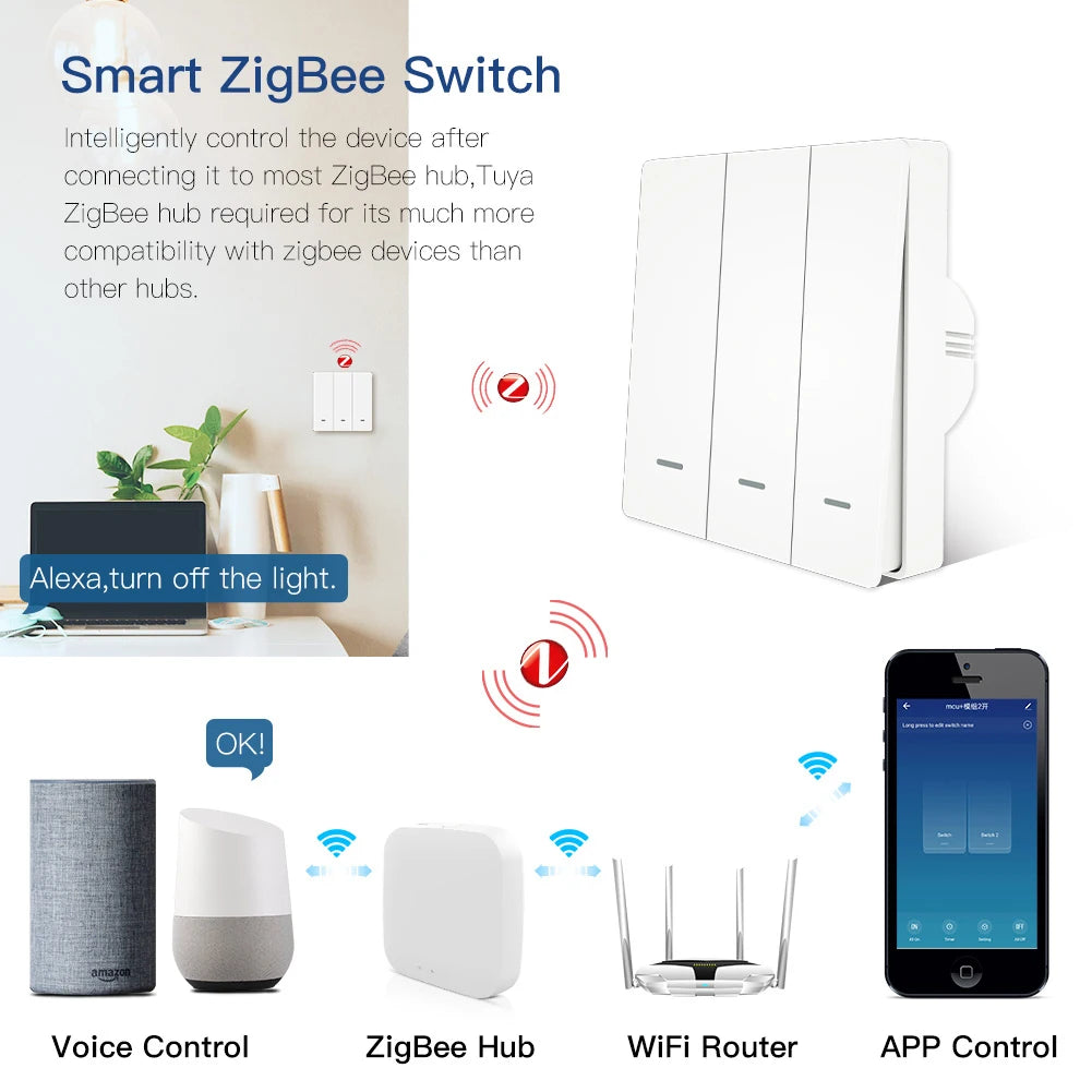 No Neutral No Capacitor Zigbee Push Button Light Wall Switches Tuya Smart Wireless Remote Control Smart Home