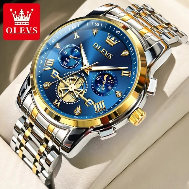 OLEVS 2856 Men's Watches Classic Multifunctional Flywheel Design Stainless Steel Waterproof Moon Phase Men's Wristwatches Trend