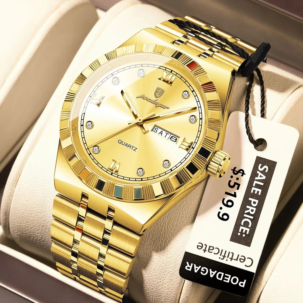 POEDAGAR 872 Week Date Watch Men Life Waterproof Original Diamond Wristwatch Quartz Reloj Luminous Stainless Steel Men's Watches