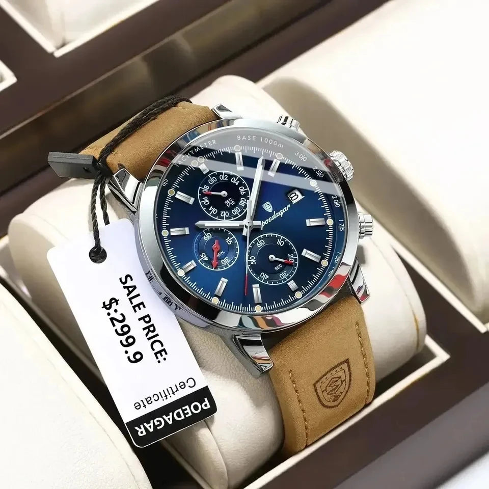 POEDAGAR 932 Men's Watches Casual Fashion Quartz Watch for Man Waterproof Leather Luminous Date Chronograph New