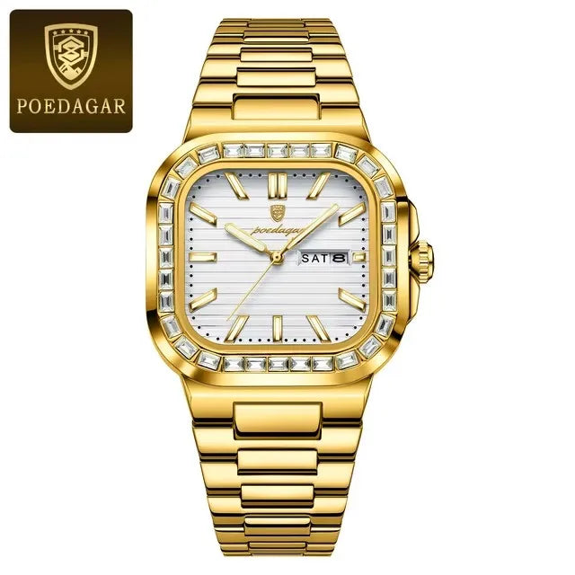 POEDAGAR Luxury Watch for Men Waterproof Luminous Date Week Man Wristwatch Stainless Steel Square Diamond Quartz Men's Watches
