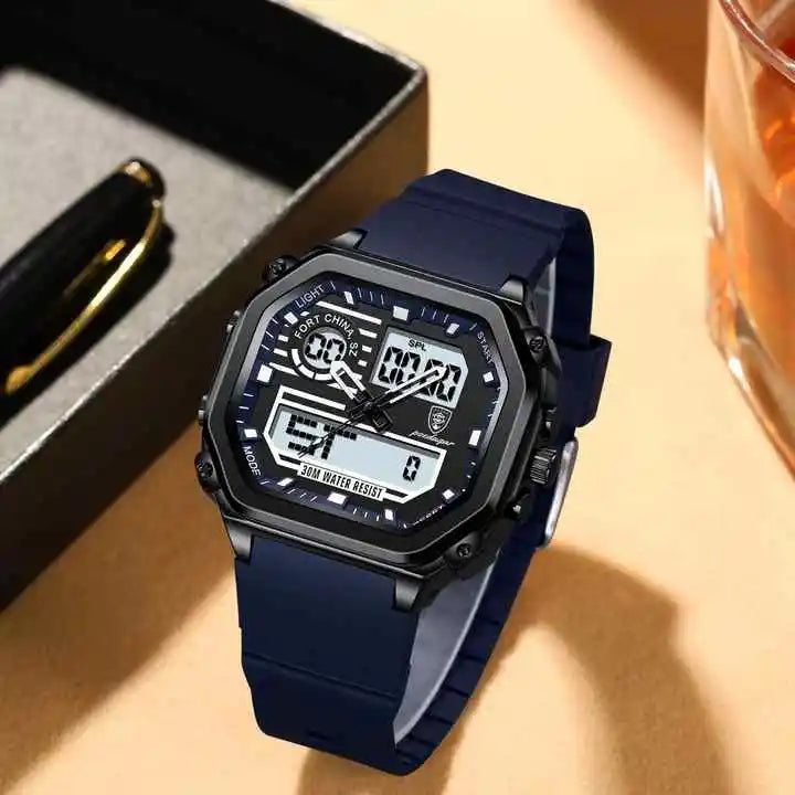POEDAGAR 993 Luminous Week Date Square Wristwatch Sports LED Men Watch Waterproof Silicone Strap Electronic Quartz Men's Watches