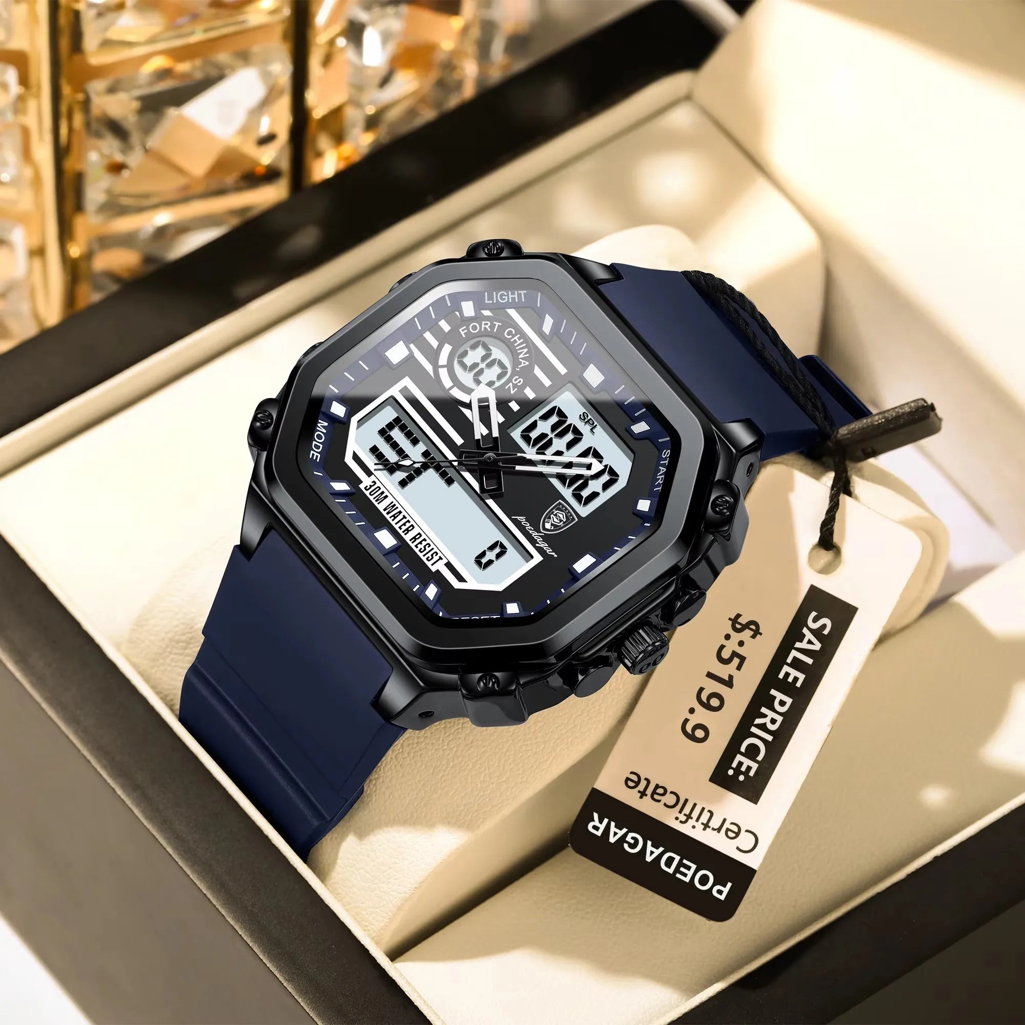 POEDAGAR 993 Luminous Week Date Square Wristwatch Sports LED Men Watch Waterproof Silicone Strap Electronic Quartz Men's Watches