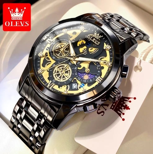 OLEVS 9947 Men's Watches Top Brand Chic Original Waterproof Quartz Watch for Man Gold Skeleton Style 24 Hour Day Night Clock