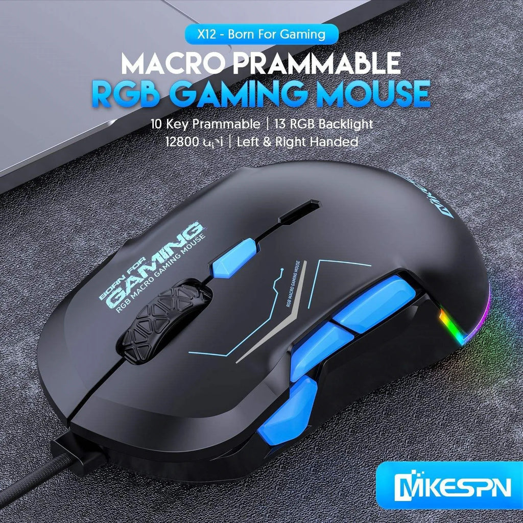 MKESPN X12 Programmable Buttons Mouse Left Right Hand Symmetrical 10-button RGB Macro Defines Gaming USB Wired 12800DPI Mouse