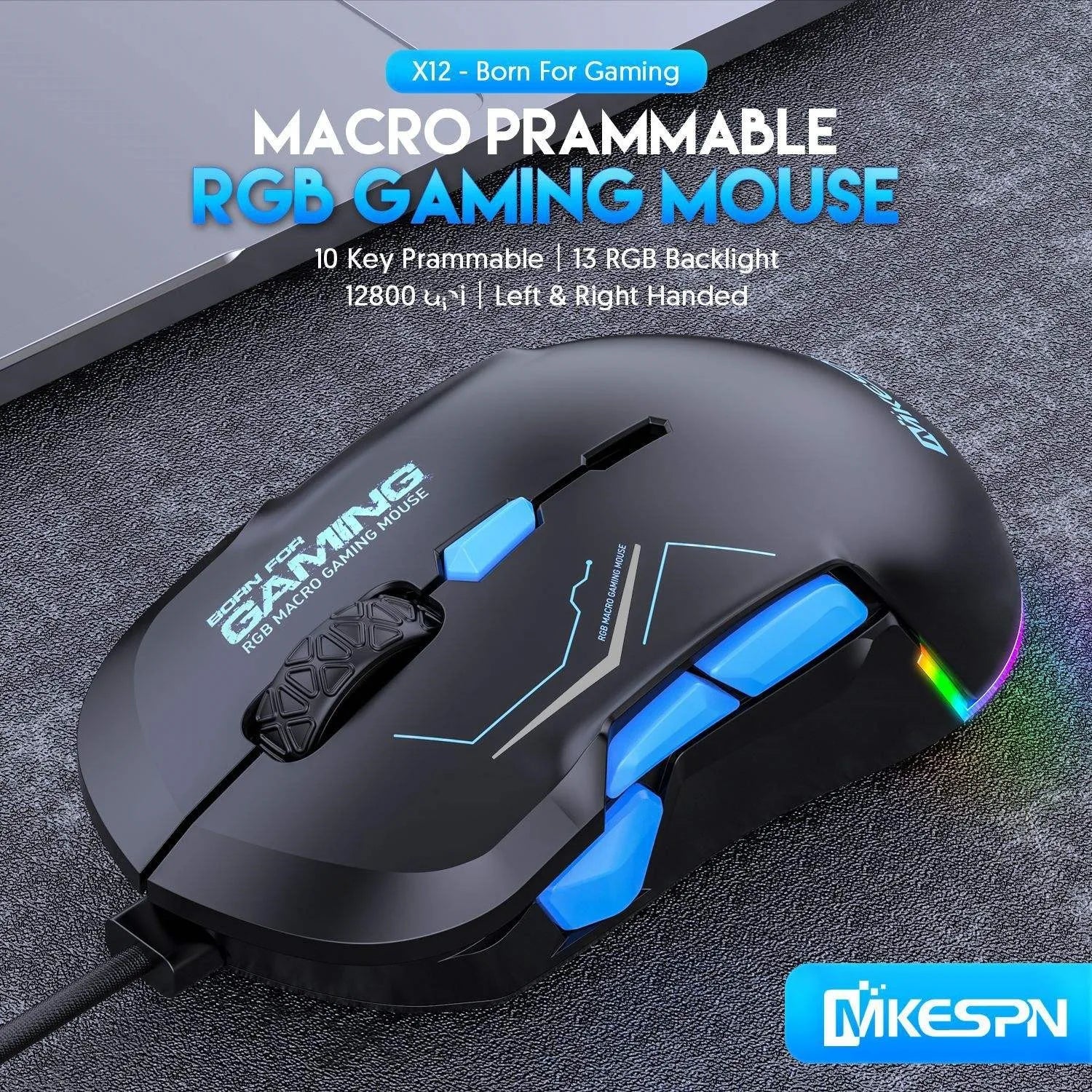 MKESPN X12 Programmable Buttons Mouse Left Right Hand Symmetrical 10-button RGB Macro Defines Gaming USB Wired 12800DPI Mouse