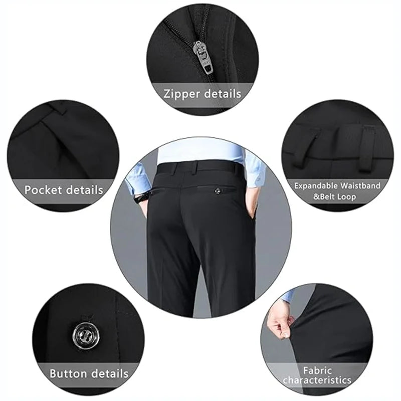 High Quality Stretch Slim Straight Solid Color Casual Pants Men's Business Suit Long Trousers With Pockets Office Gentleman