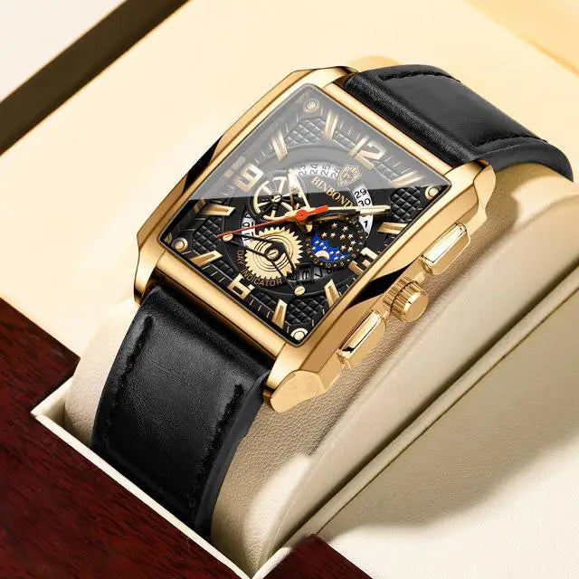 Binbond B6575 6575 Casual Square Waterproof Watch Stainless Steel Quartz Wrist Genuine Leather Belt Luminous Hands Men's Watches